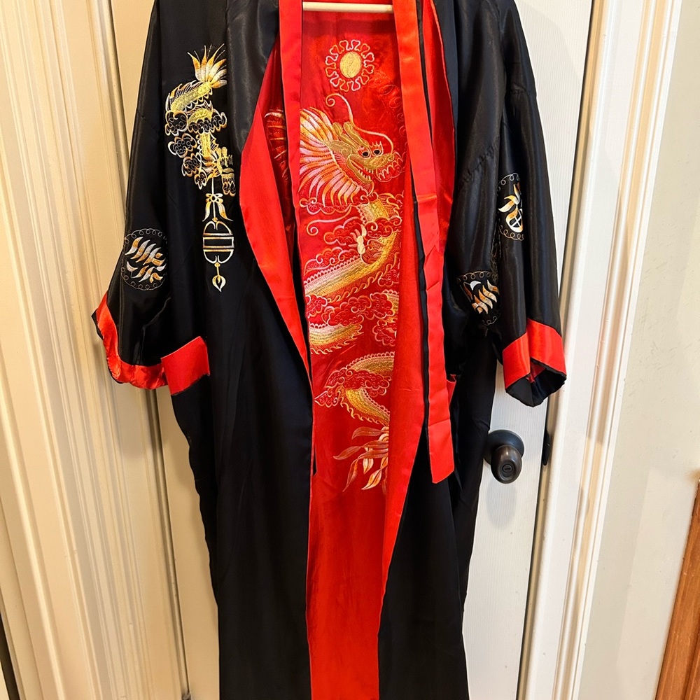 Elegant Black Kimono with Red and Gold Details